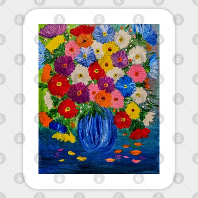 This beautiful painting features vibrant hues of abstract flowers set against a stunning glass vase Sticker by kkartwork